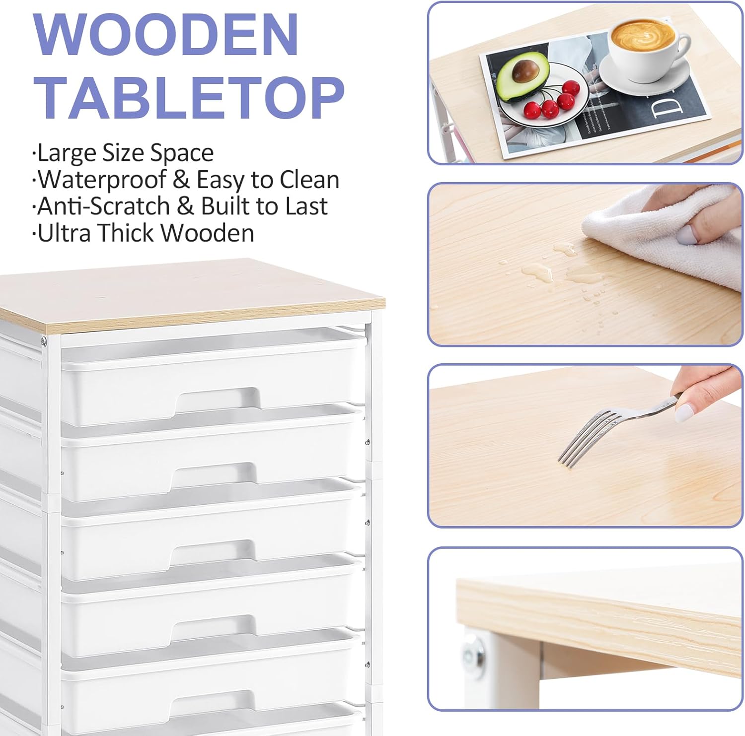 Chariot de salle de bain - 8 tiroirs, roulettes, grand plateau bois, blanc