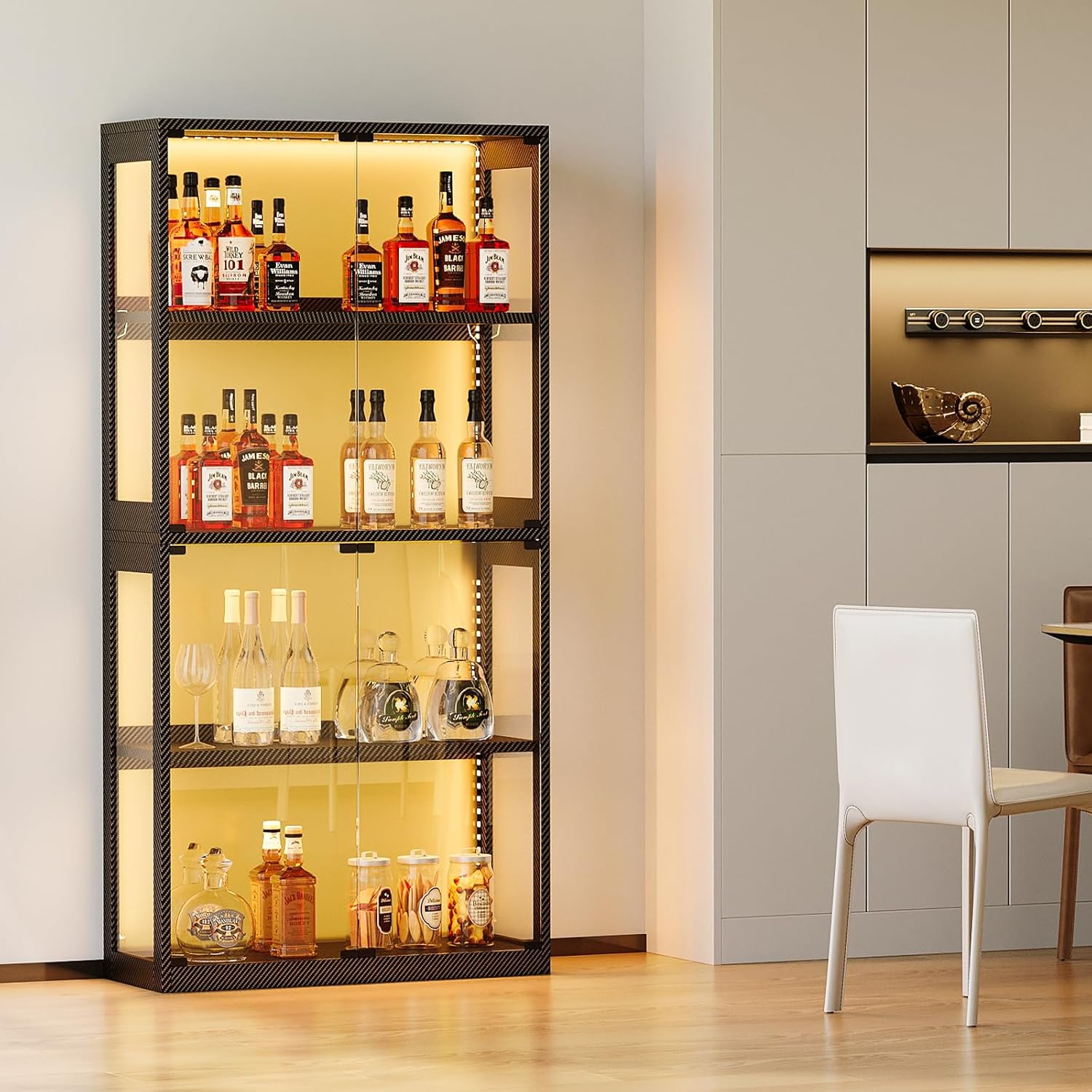 Coleshome - vitrine 4 étagères LED - portes verre, kit anti-chute, noir