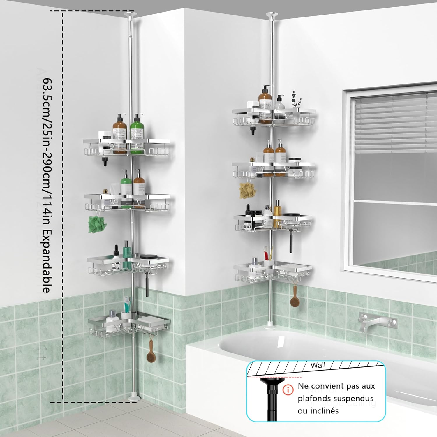 Kegii - étagère douche télescopique - hauteur réglable, 4 paniers - argent