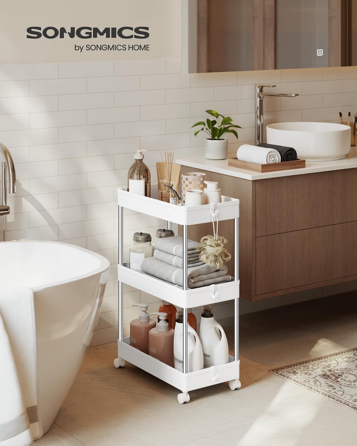 SONGMICS - Chariot de cuisine 3 niveaux, 23,6x42x60,6 cm, acier blanc, KSC009W01