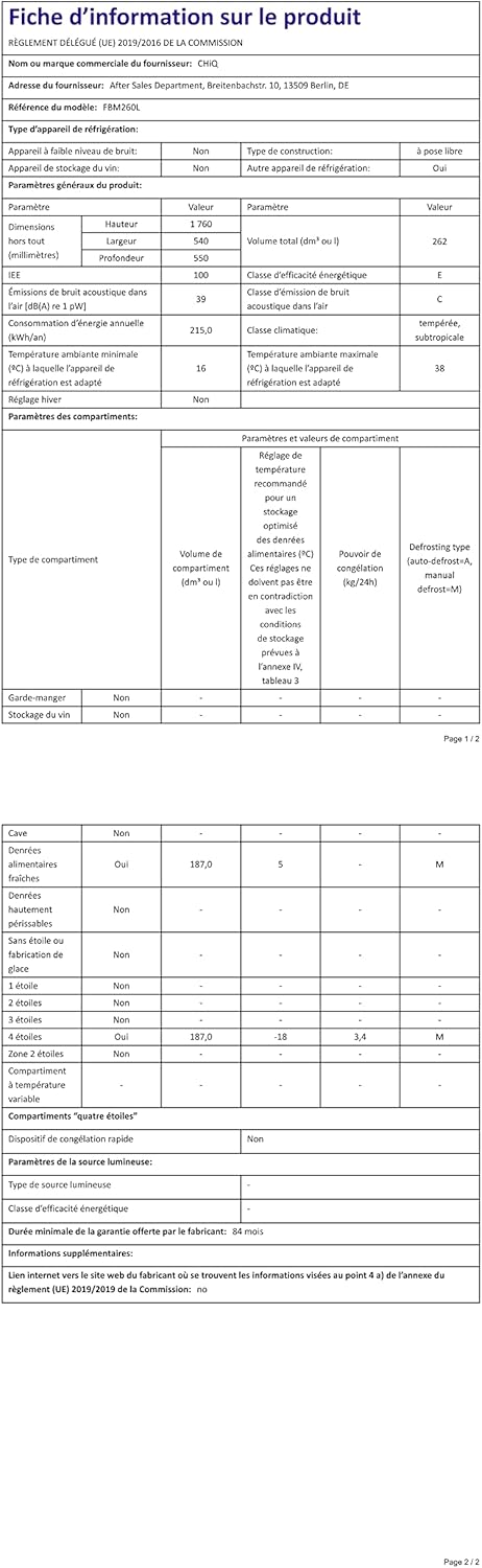 CHIQ - Réfrigérateur bas série FBM - 262L, inox, portes réversibles, low frost, silencieux, garantie 12 ans - FBM260L