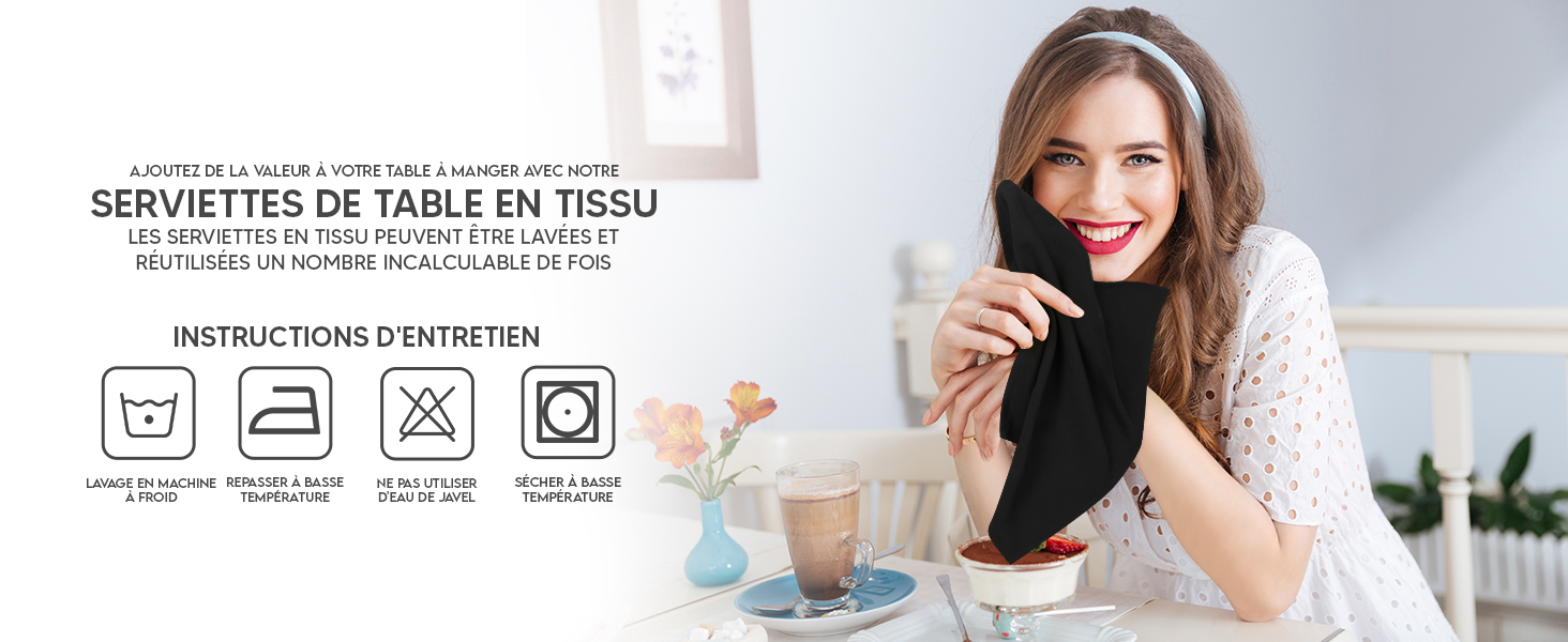 avec instructions d'entretien. Femme en pull blanc mangeant à table avec café et fleurs en arrière-plan.