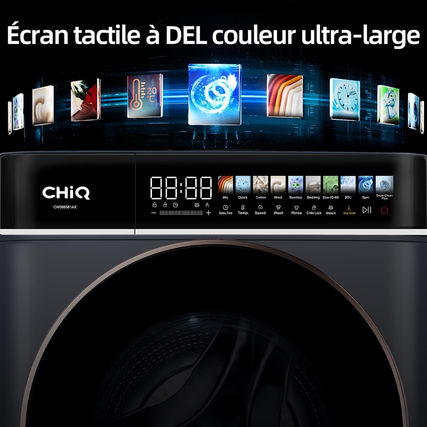 CHiQ - Lave-linge 8kg, écran LED tactile, vapeur, 1400tr/min, CW086581AX