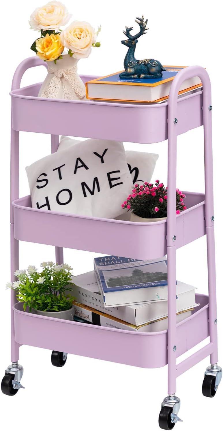 DOEWORKS - Chariot à roulettes 3 niveaux métal - rangement cuisine, chambre et bureau - Violet clair