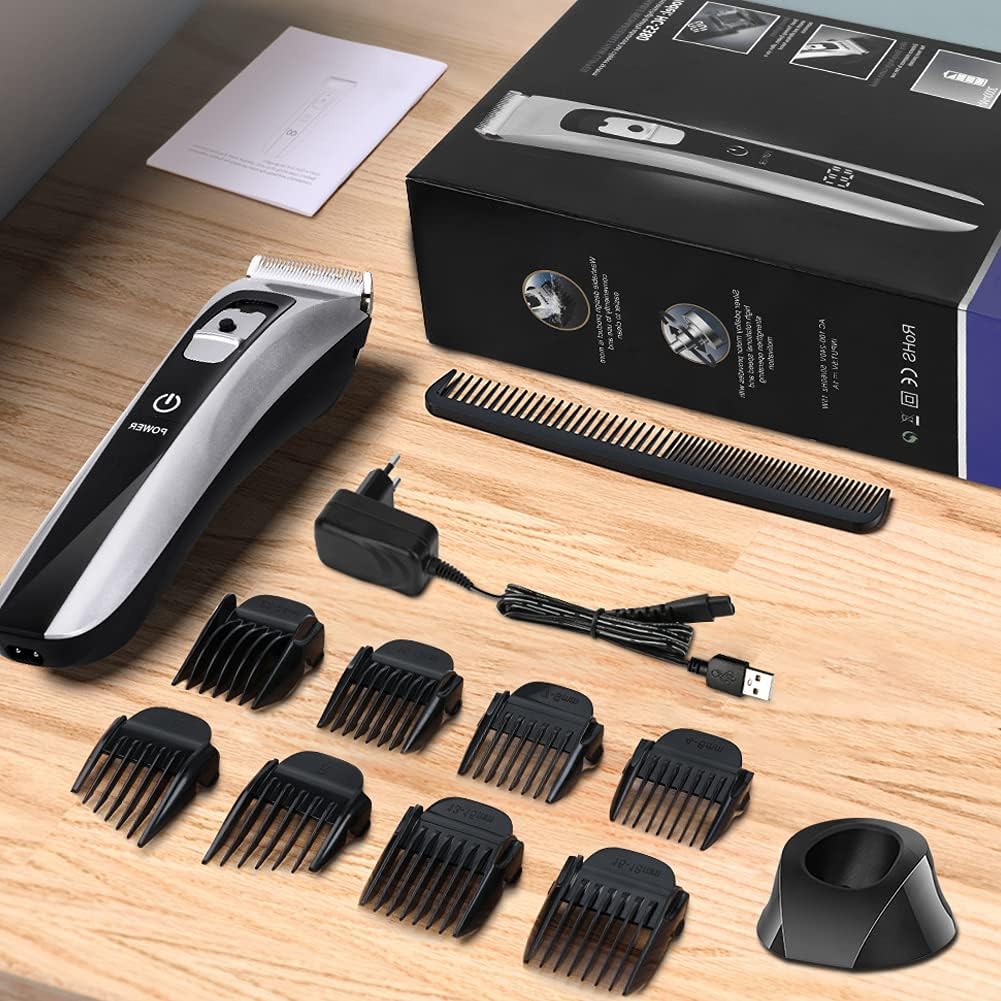 Tondeuse cheveux professionnelle sans fil, lame céramique/titane, 8 sabots, réglable