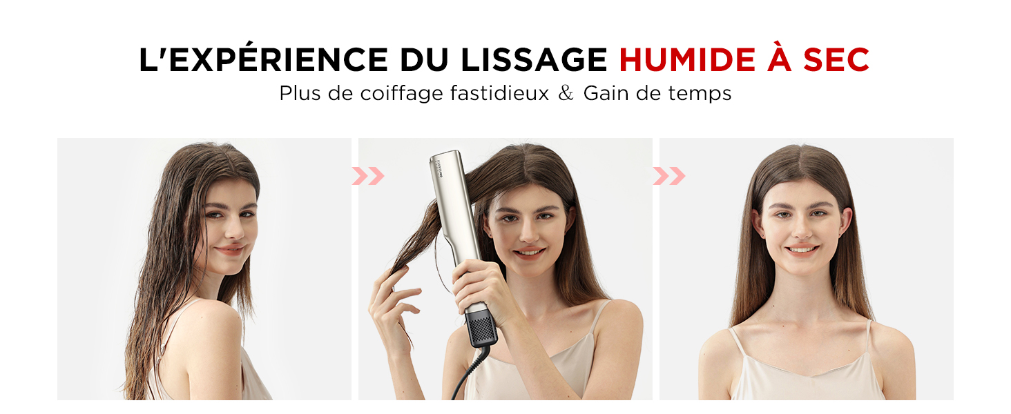 Progression en trois panneaux montrant la transformation des cheveux mouillés en cheveux coiffés, illustrant un processus de soin des cheveux