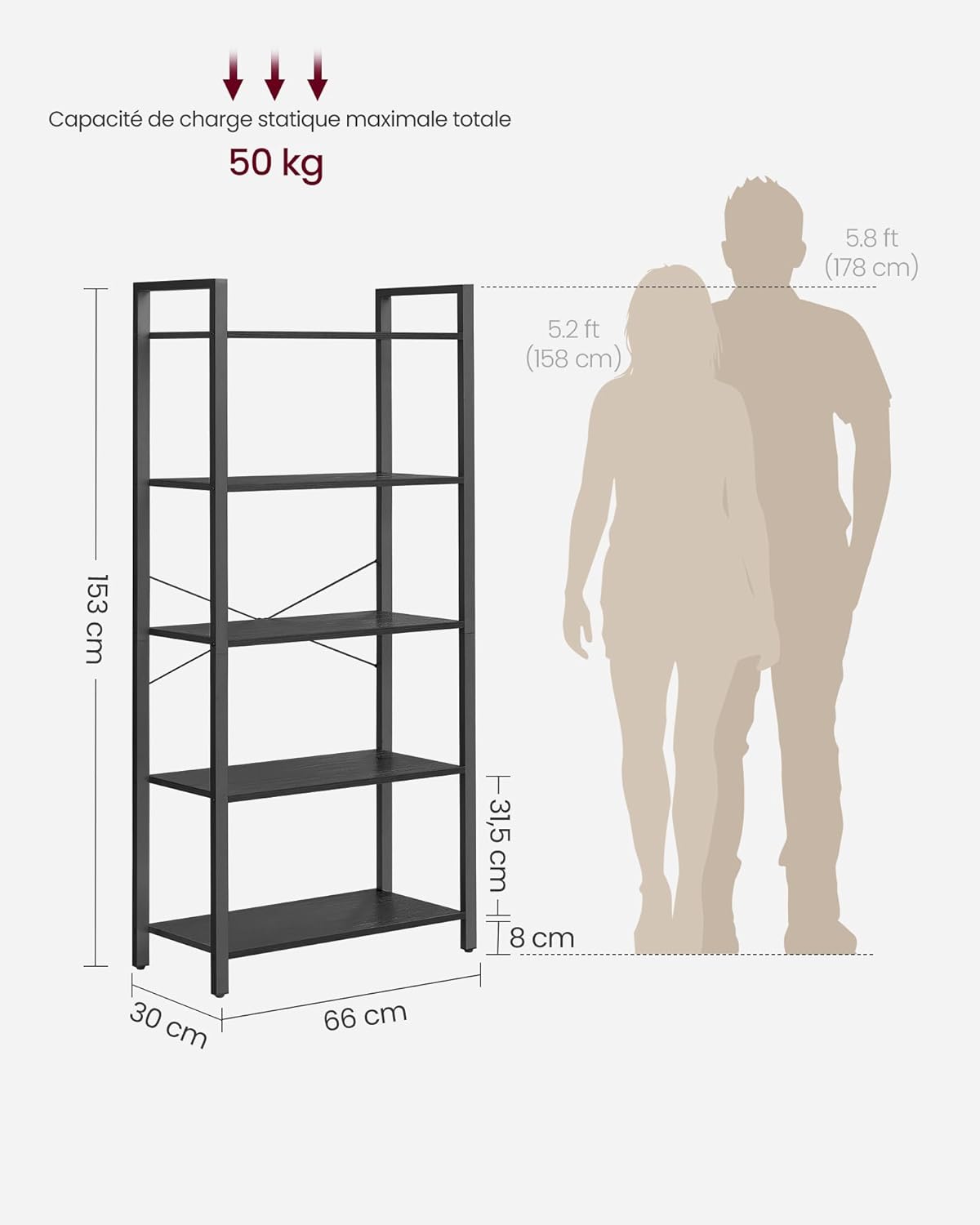 VASAGLE - étagère industrielle 5 niveaux - 30x66x153 cm - bois noir et rangement - LLS061B56