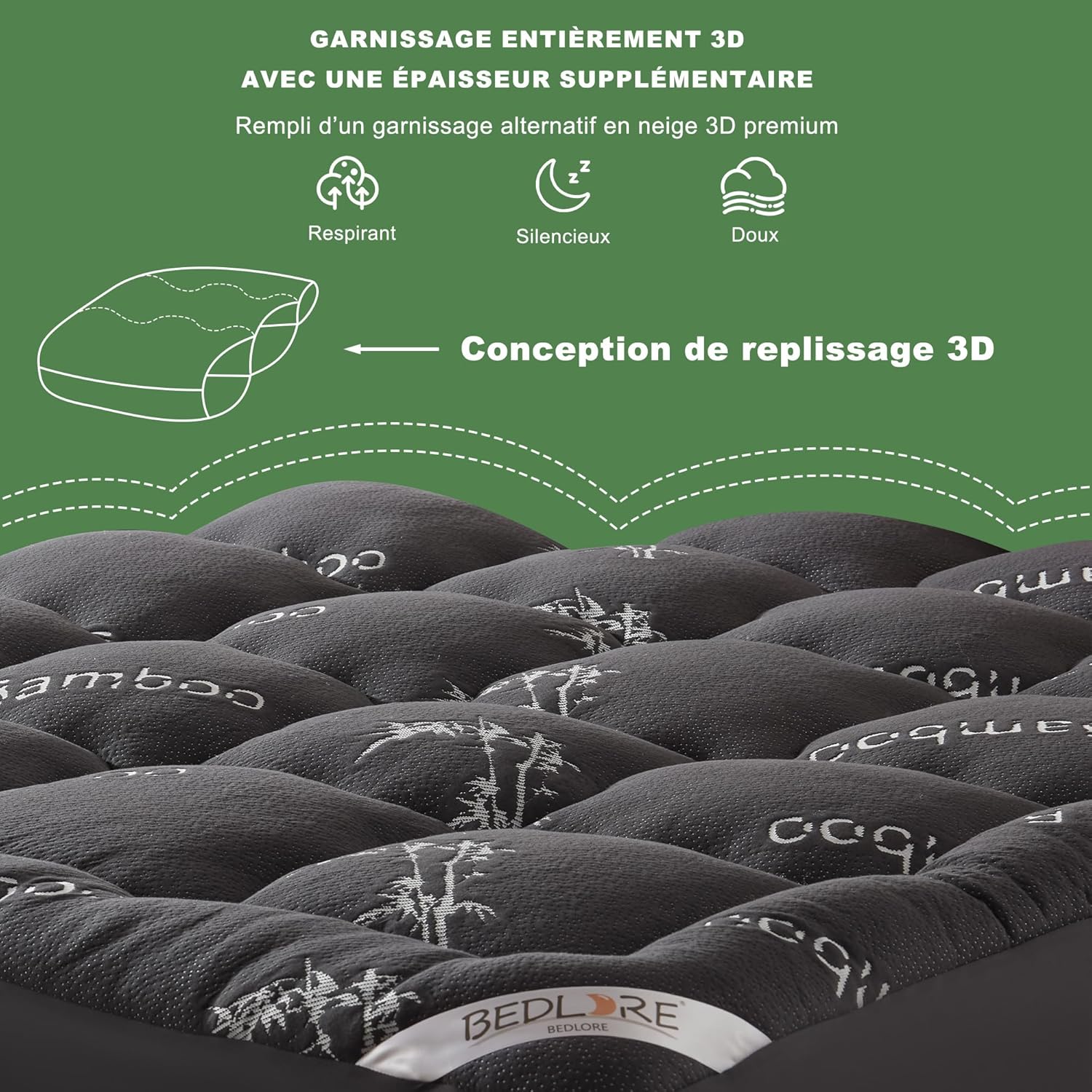 BEDLORE - Surmatelas 180x200 cm - Bambou, Oeko-Tex, bonnet 40 cm