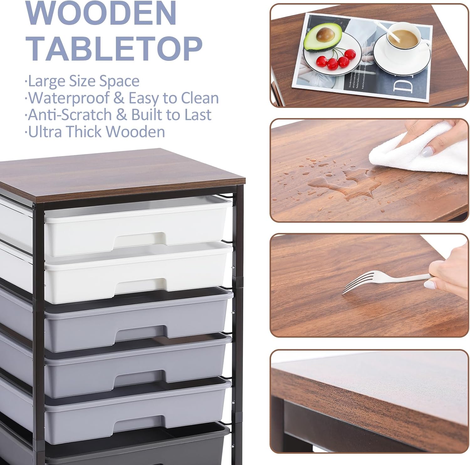 Chariot de salle de bain - 8 tiroirs, roulettes, plateau bois, grande capacité, gris