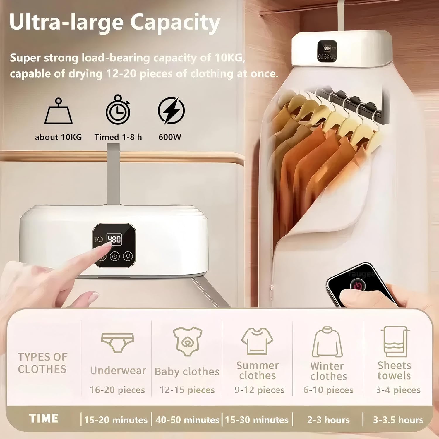 Sèche-Linge Portable Pliable - 600W, minuterie, pompe chaleur, compact