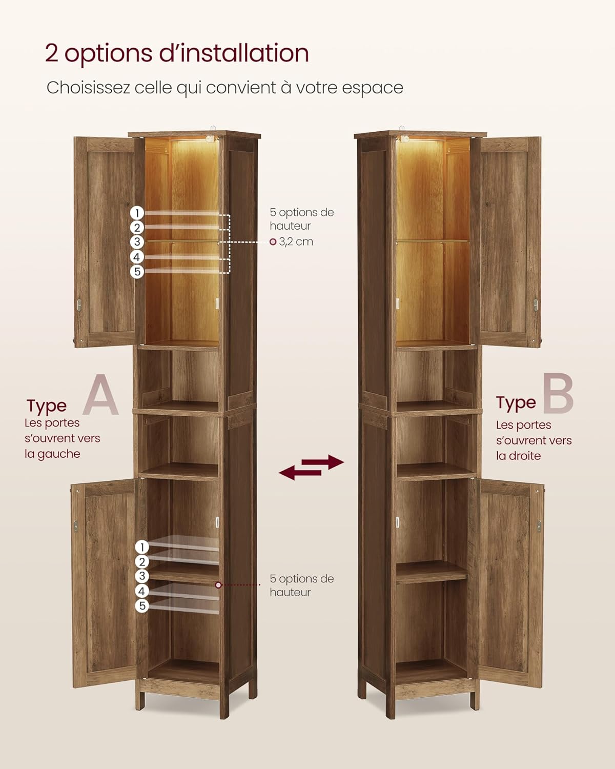 VASAGLE - armoire de salle de bain haute - 30 cm - étagères réglables, éclairage, marron miel - BBK566KB01