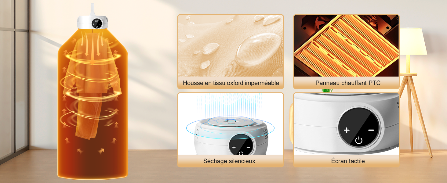 Vitrine de produits avec plusieurs panneaux représentant une bouteille ambrée, des écrans électroniques et une prise de courant, disposés dans un cadre minimaliste sur fond blanc.