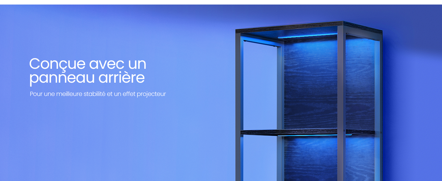 Vitrine moderne en verre avec cadre noir et panneaux transparents, éclairée par un éclairage bleu. Texte français visible.