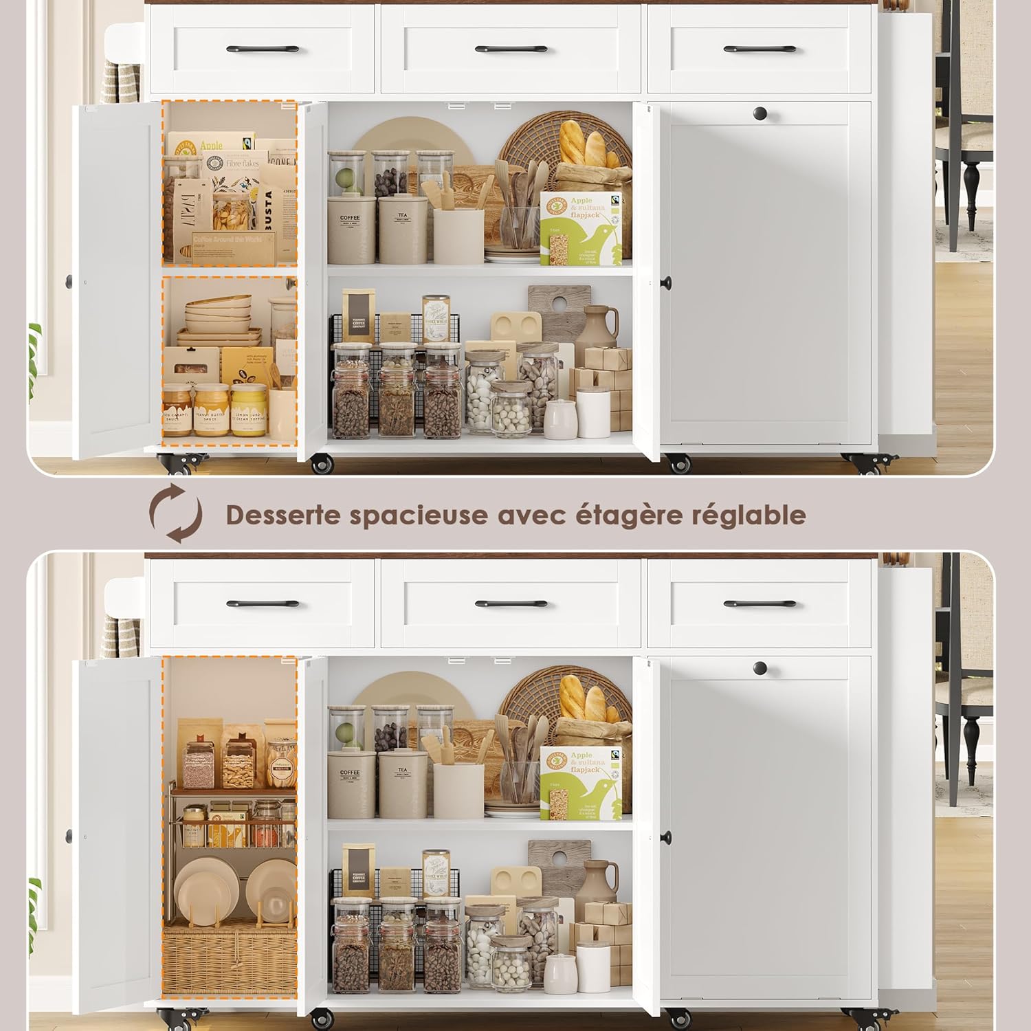 FirFurd - îlot cuisine rangement pliable, USB, blanc, 135x60x88cm