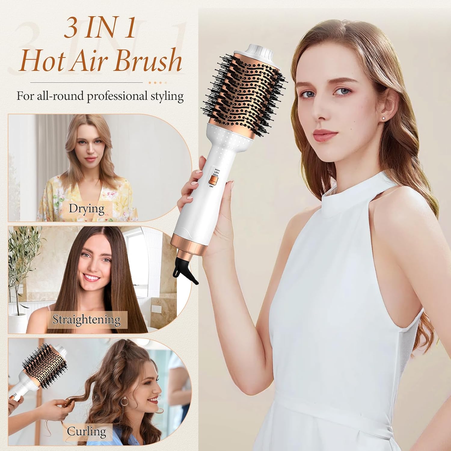 Brosse à boucler - 3 en 1, soin ionique, 3 températures, séchage volumisant