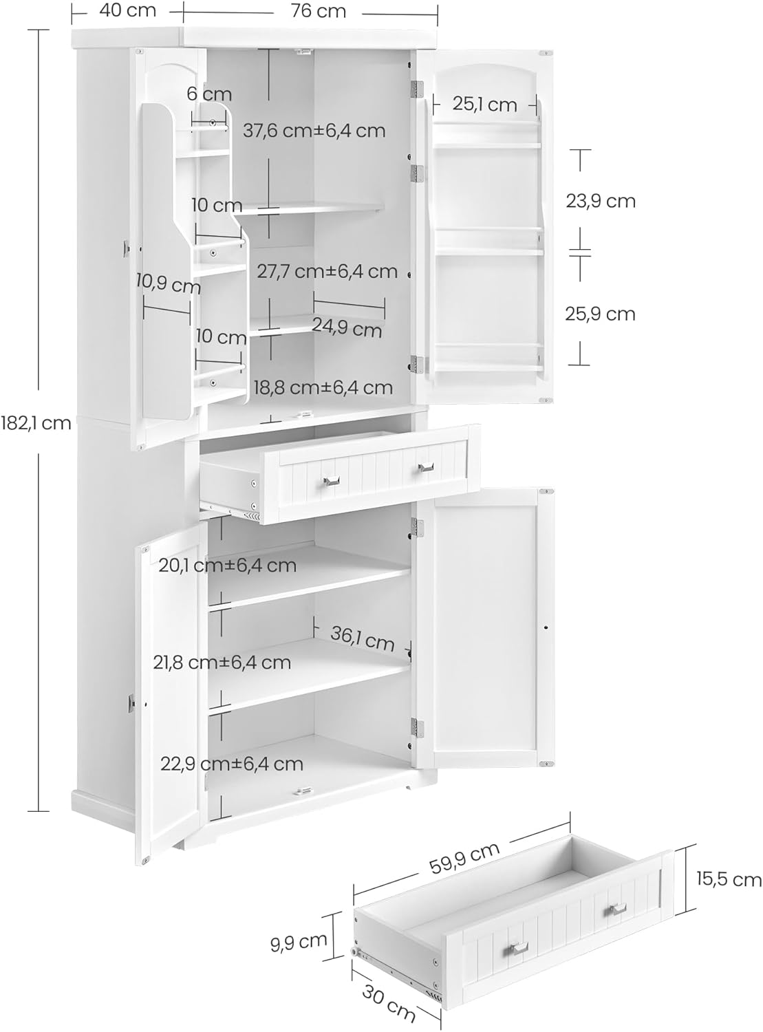 VASAGLE - Buffet haut série BBC561W21 - 182 cm - armoire à tiroirs, étagères réglables, blanc - BBC561W21