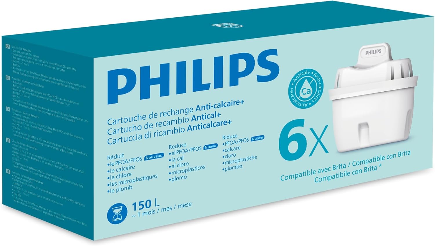 Philips - cartouches filtrantes Anticalcaire+ - paquet de 6 - réduit chlore et microplastiques, compatible Brita
