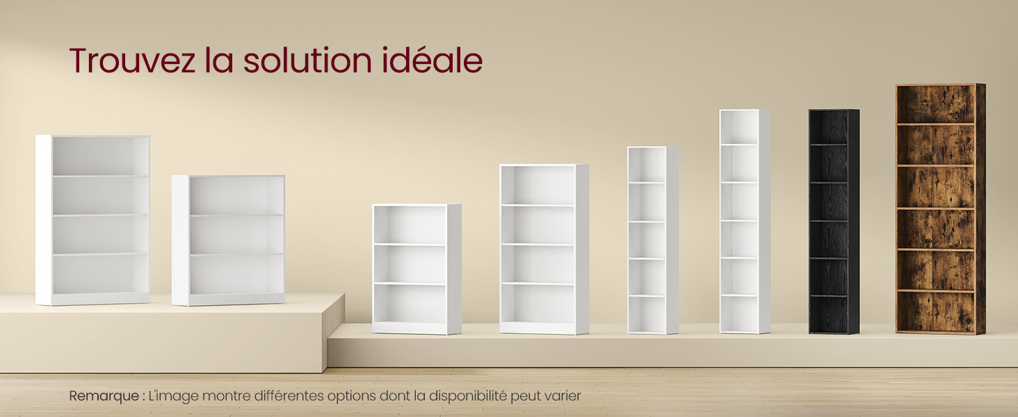 Différents modèles d'étagères disposés en rangée, allant des modèles courts aux plus hauts, en blanc, en noir et en bois. Le texte ci-dessus se lit comme suit : « Trouvez la solution idéale ».