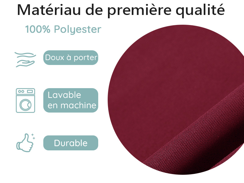 Gros plan sur un tissu bordeaux, étiqueté 100 % polyester. Les icônes indiquent qu'il est doux, lavable en machine et durable. Le texte en français le décrit comme un matériau de première qualité.