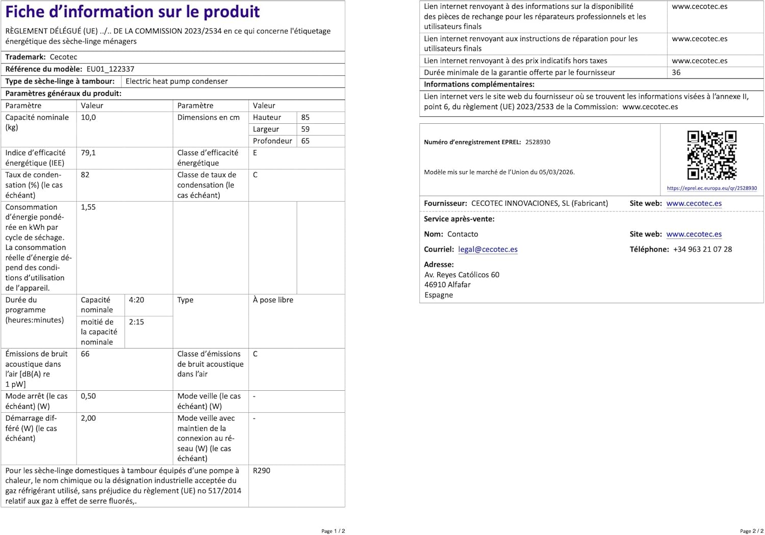 Cecotec - Sèche-linge 10kg, pompe à chaleur, 15 programmes, anti-froissage, 700W, Bolero Dresscode Dry 10180