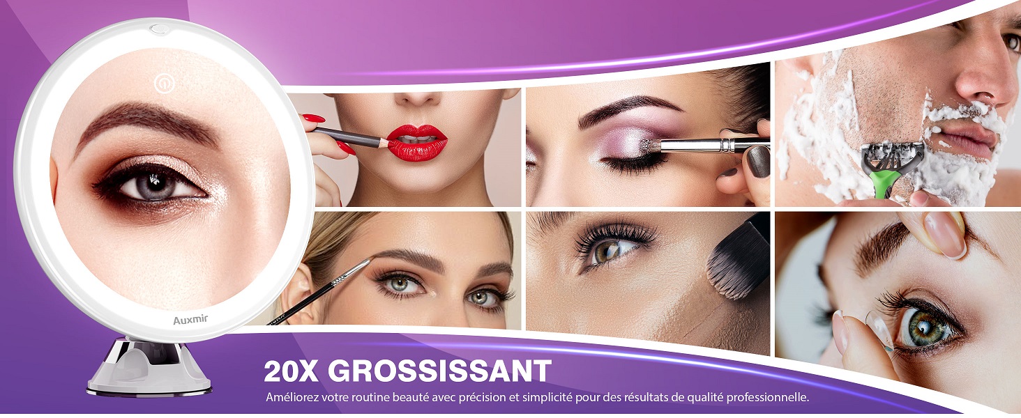 avec grossissement 20x, entouré d'images rapprochées de l'application de maquillage sur les yeux, les lèvres et l'épilation du visage
