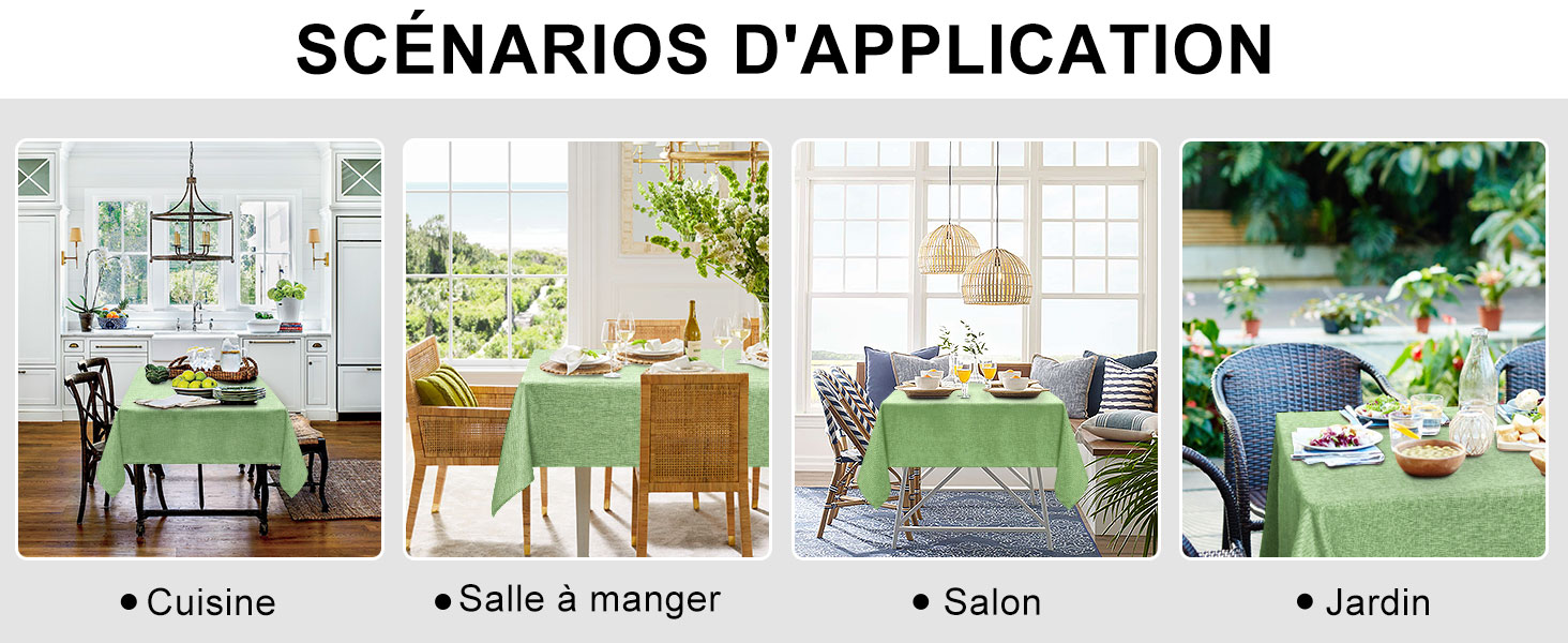 Quatre scènes d'intérieur étiquetées en français : cuisine, salle à manger, salon et jardin. Chacune est ornée d'éléments décoratifs verts