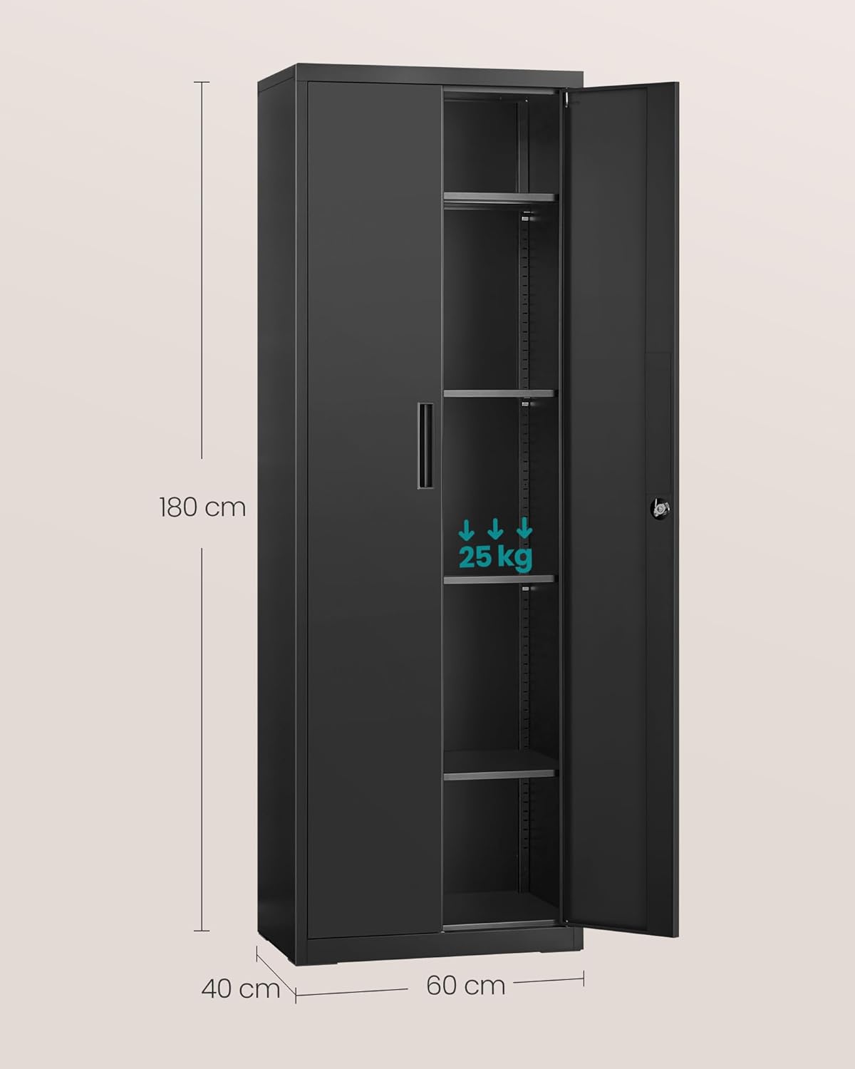 SONGMICS - meuble de rangement - 40x60x180 cm - acier, 5 niveaux, portes verrouillables, étagères réglables, OMC014B01