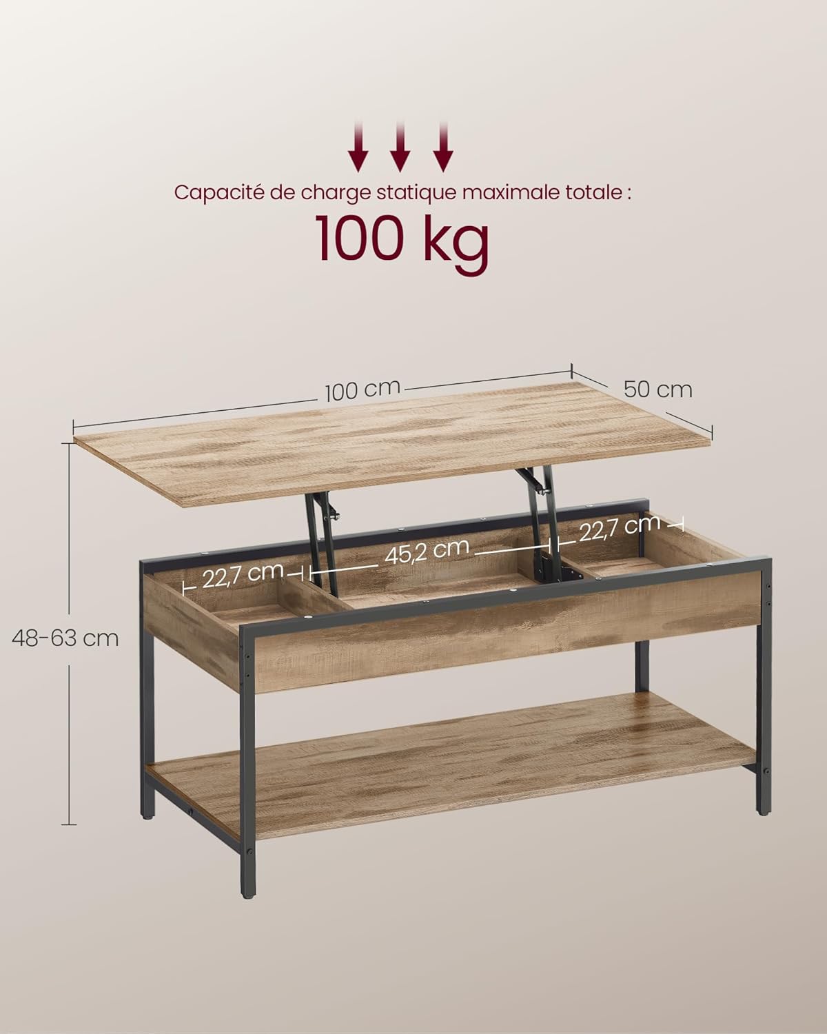 VASAGLE - Table basse relevable série LCT261LB02, 100x50 cm, rangement caché