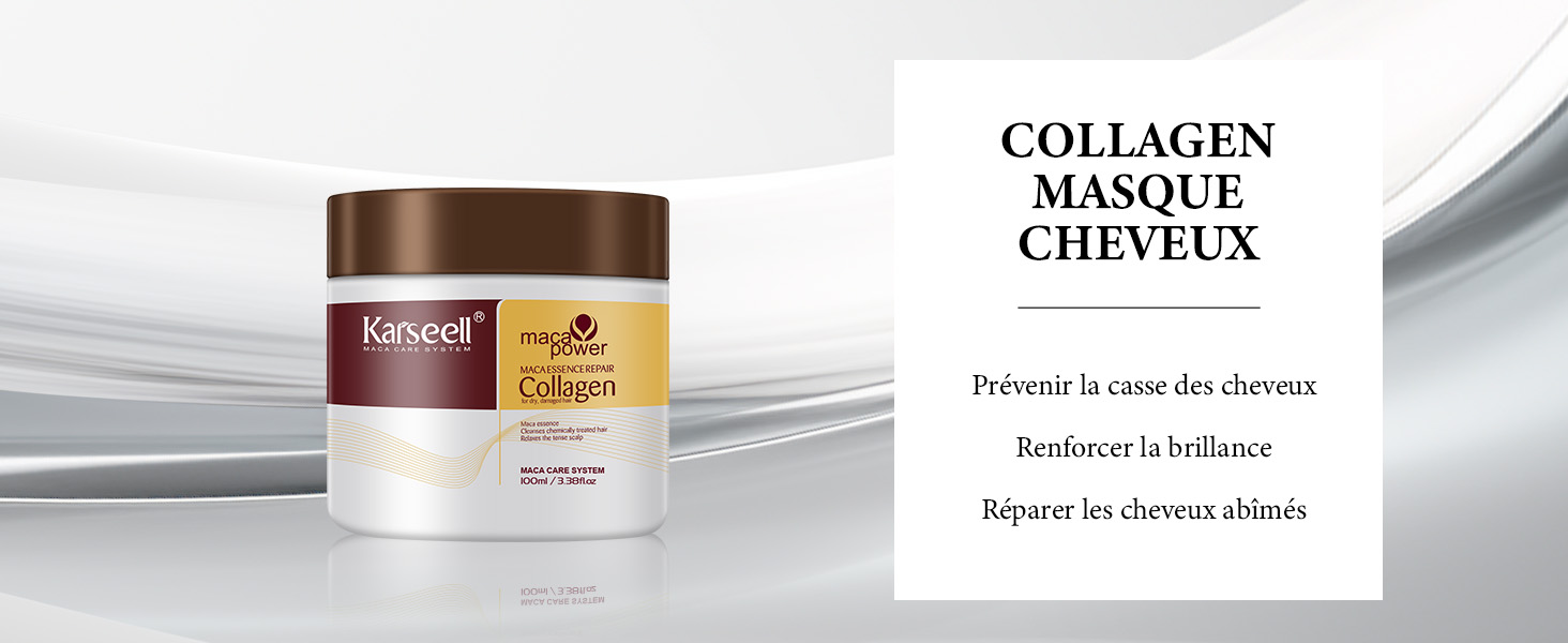 avec couvercle brun et étiquette jaune. Le texte indique qu'il s'agit d'un masque capillaire au collagène qui redonne de la brillance et répare les cheveux abîmés