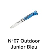 avec manche bleu et lame argentée. Le texte indique « N°07 Outdoor Junior Bleu