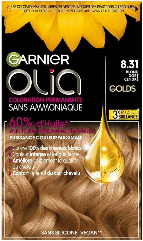 Garnier - Olia - coloration permanente sans ammoniaque, huiles fleurs, blond doré cendré 8.31