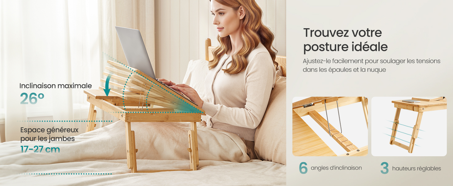 Le texte se lit comme suit : « Trouvez votre posture idéale ». Schéma de configuration ergonomique du bureau montrant les caractéristiques réglables et le positionnement optimal pour une posture de travail confortable.