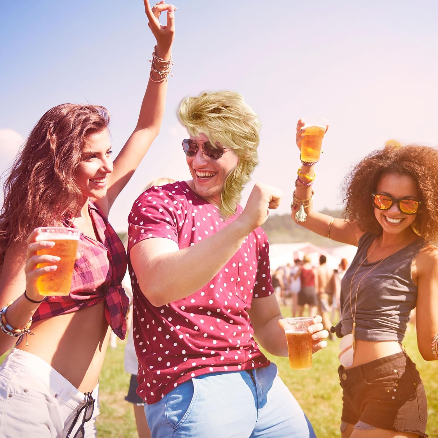 Perruque mulet homme - blond longue bouclée - années 80/90 - idéale cosplay carnaval halloween