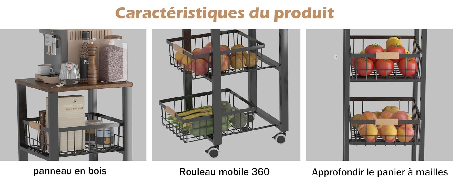 Vitrine de produits à trois panneaux de chariot de rangement roulant en métal noir à plusieurs niveaux, présentant différentes configurations et exemples d'utilisation pour l'organisation de la cuisine