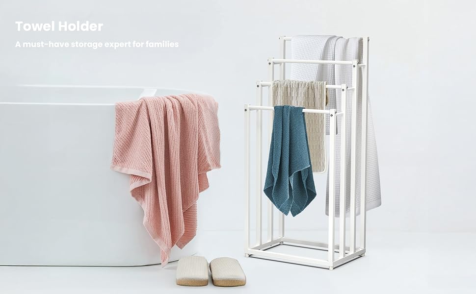 Le texte indique « Porte-serviettes ». Porte-serviettes à cadre métallique blanc présenté dans plusieurs vues, affichant des serviettes roses et bleu sarcelle accrochées dans différents arrangements.