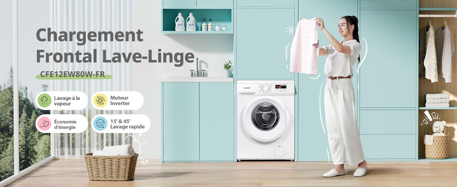 Le texte indique « Chargement Frontal Lave-linge ». Série d'images montrant les caractéristiques d'une machine à laver à chargement frontal dans une buanderie propre et moderne.