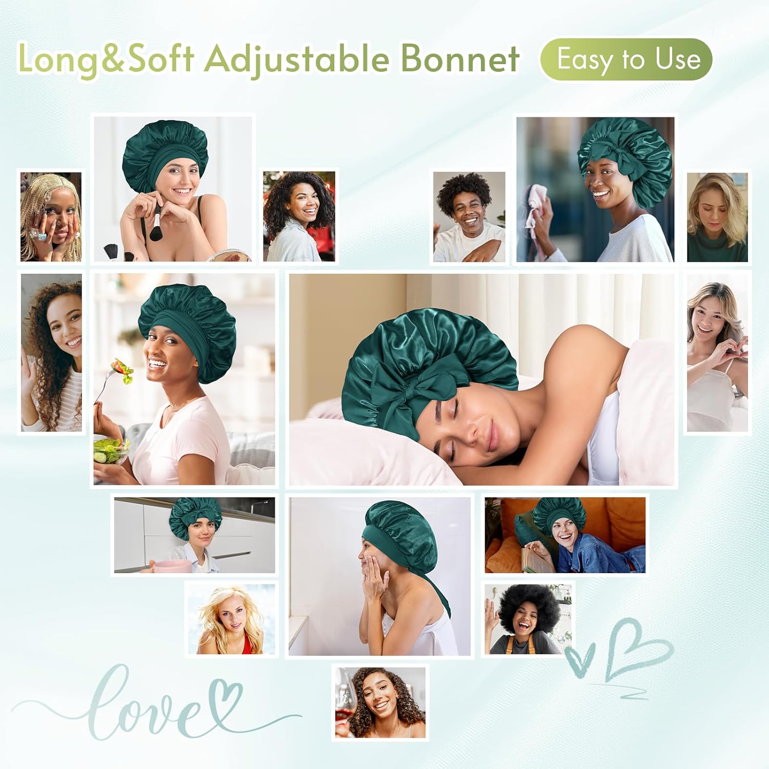 BONNET QUEEN - bonnet satin nuit ajustable, boucles, vert foncé, taille M