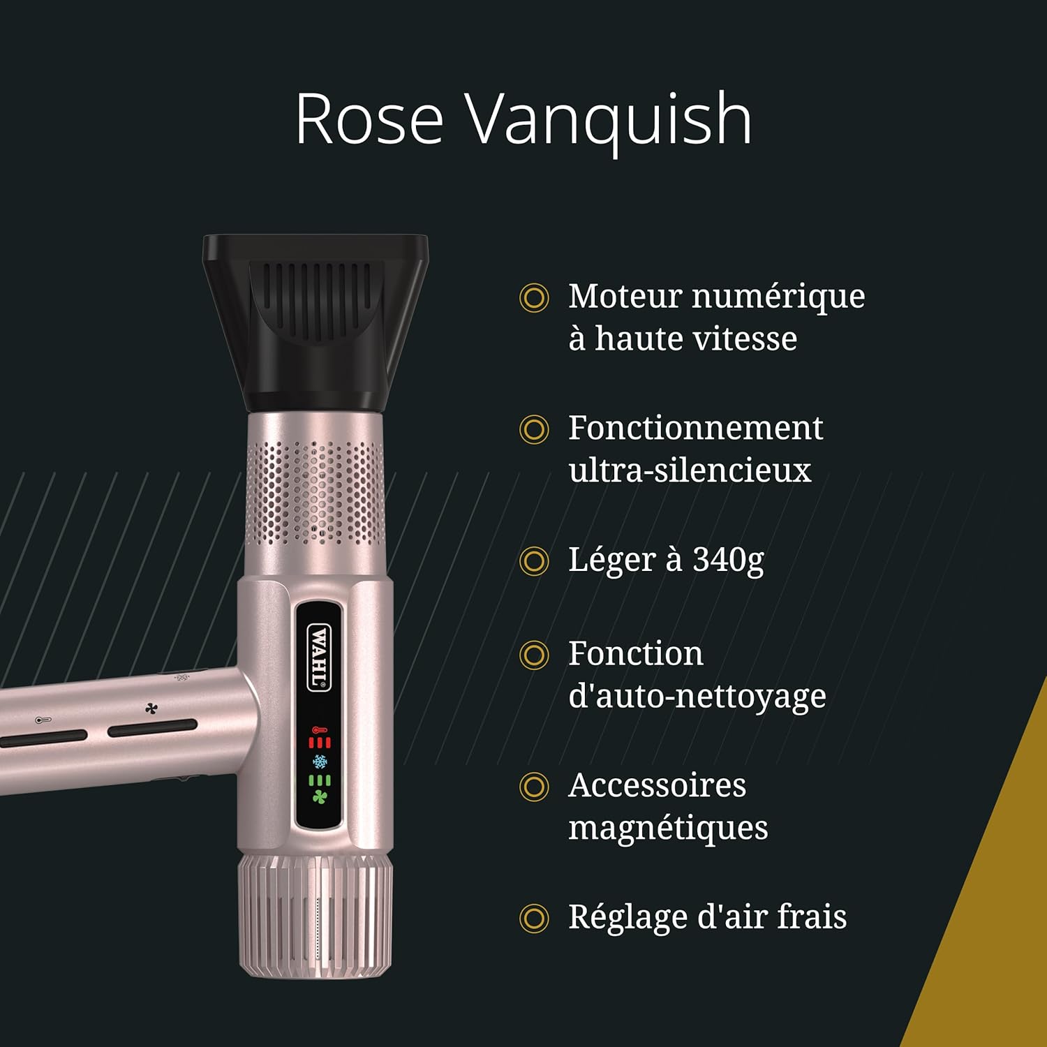 Wahl - Vanquish - Sèche-cheveux pro - séchage rapide - 3 embouts magnétiques, diffuseur - or rose