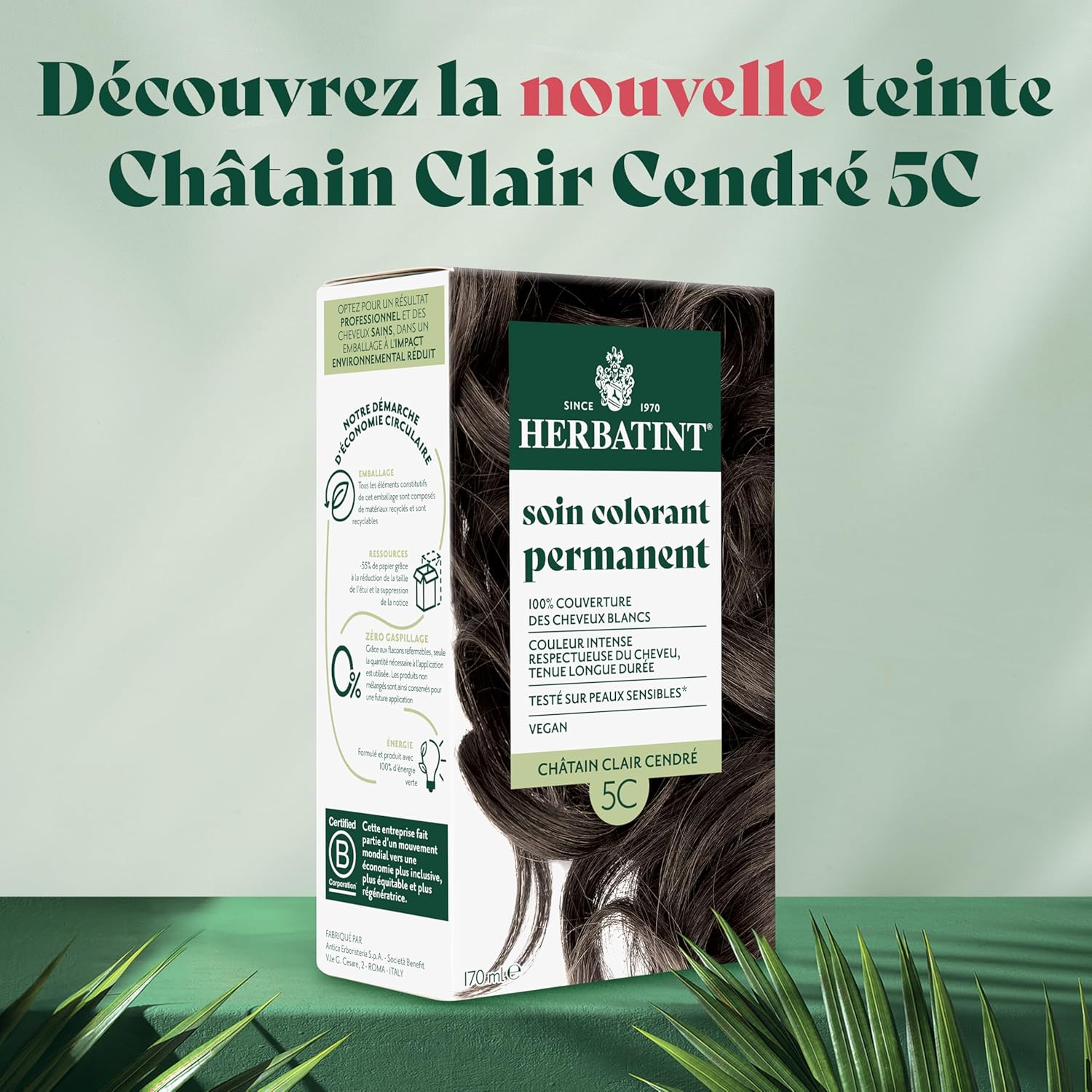Herbatint - soin colorant permanent - 170ml - sans ammoniaque, 8 extraits bio, couverture 100% cheveux blancs, 5C