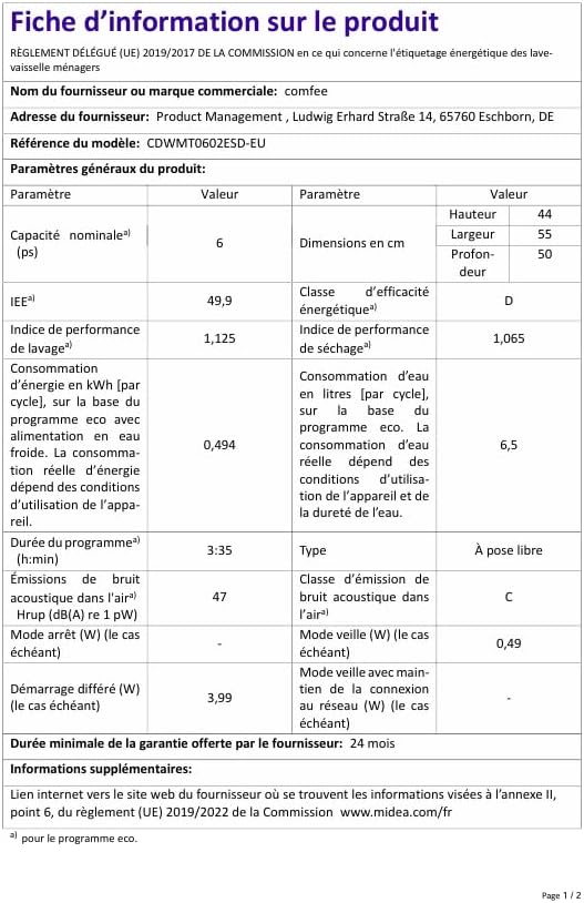 COMFEE - lave-vaisselle compact 6 couverts, LED, 47 dB, démarrage différé, CDWMT0602ESD-EU
