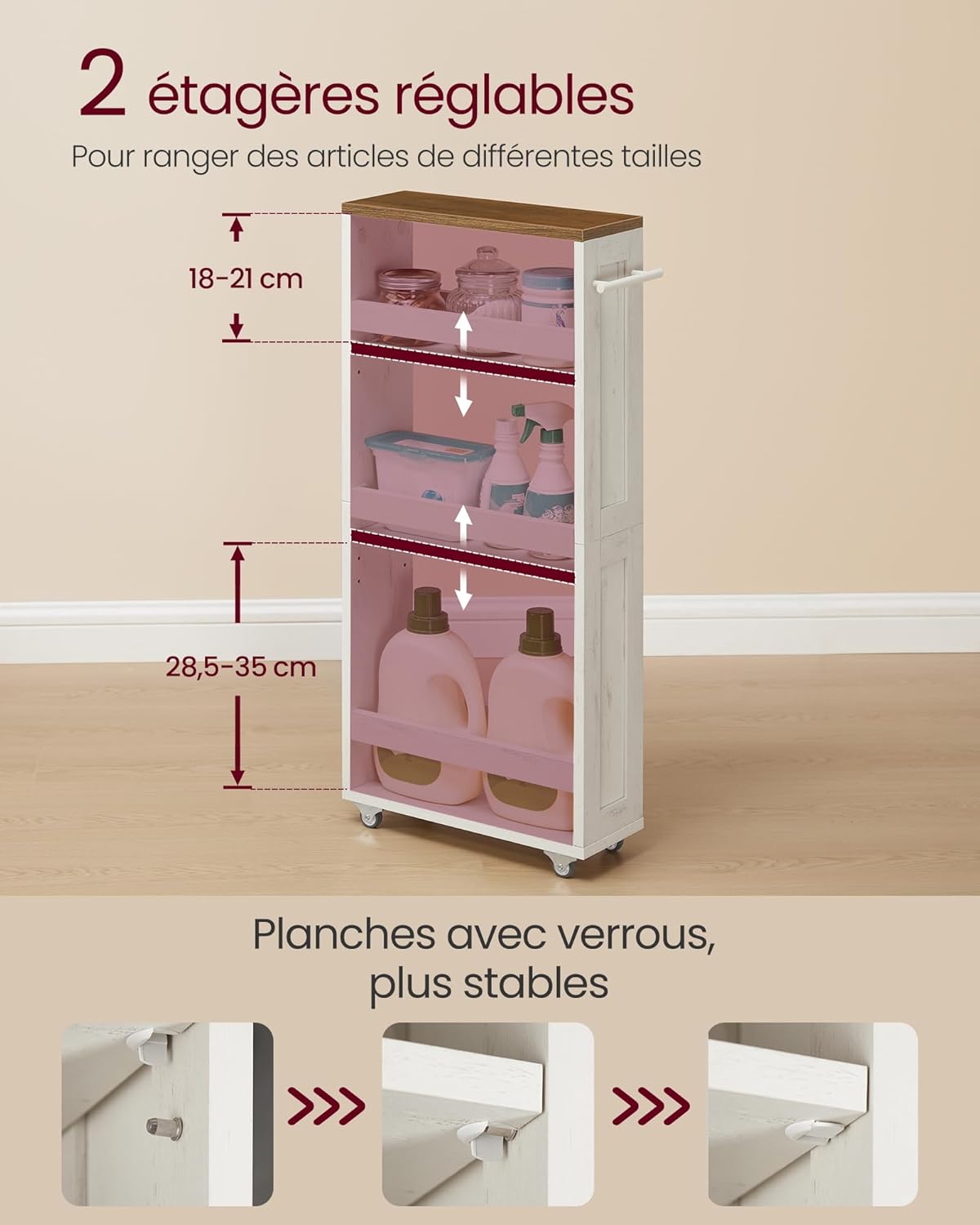 VASAGLE - chariot de rangement 4 niveaux - 15x43,2x86,5 cm - roulettes, poignée, blanc rustique et marron miel, LRC050K0