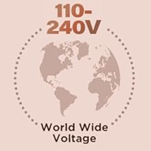 Graphique montrant une carte du monde à l'intérieur d'un cercle en pointillés avec le texte « 110-240 V » au-dessus et « World Wide Voltage » ci-dessous, indiquant la compatibilité de la tension globale.