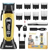 Ensemble de tondeuses à cheveux de marque Kemei comprenant une unité de coupe jaune avec plusieurs peignes noirs, des accessoires de chargement et un emballage du produit.