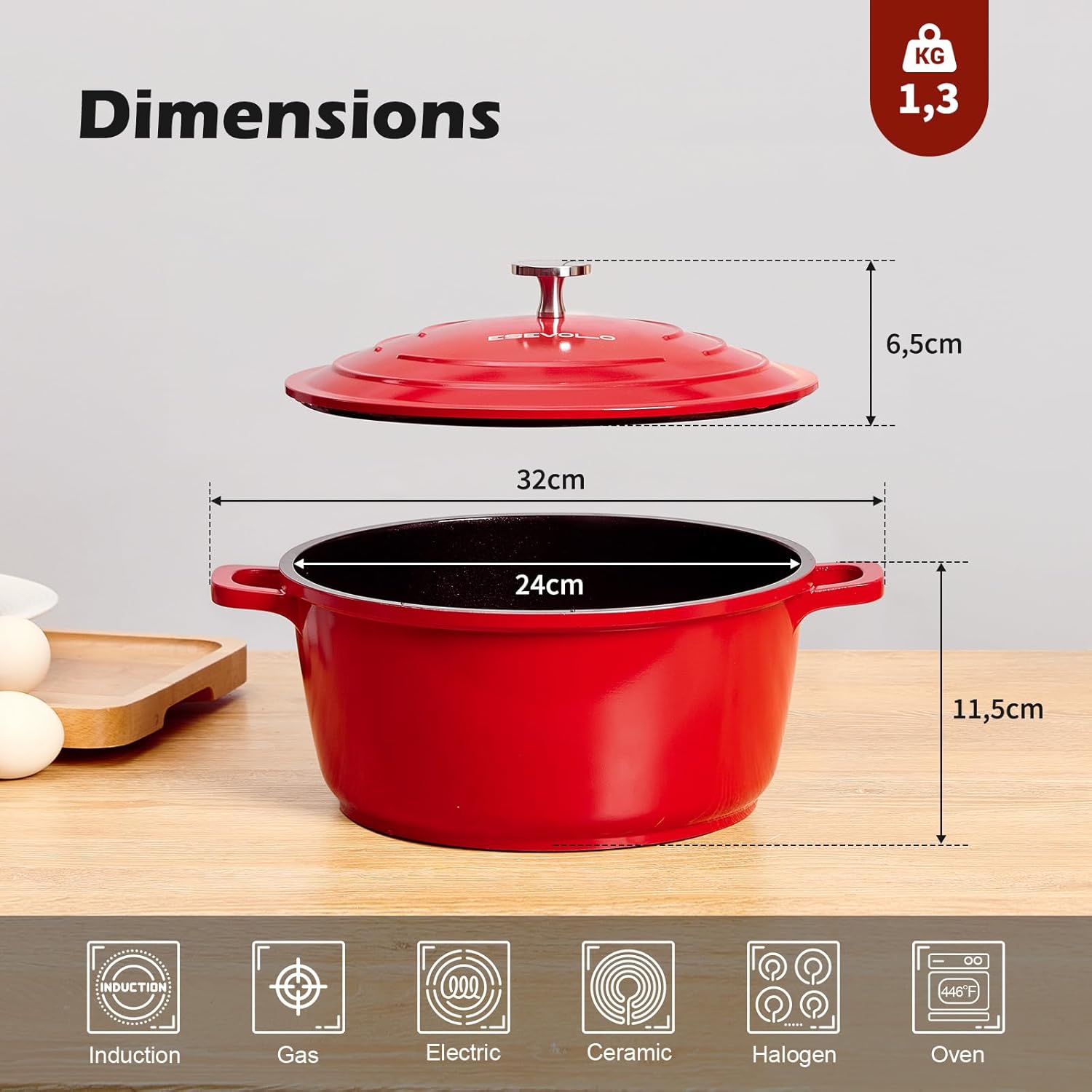 Cocotte fonte ronde 24cm, 4,5L, revêtement céramique, induction