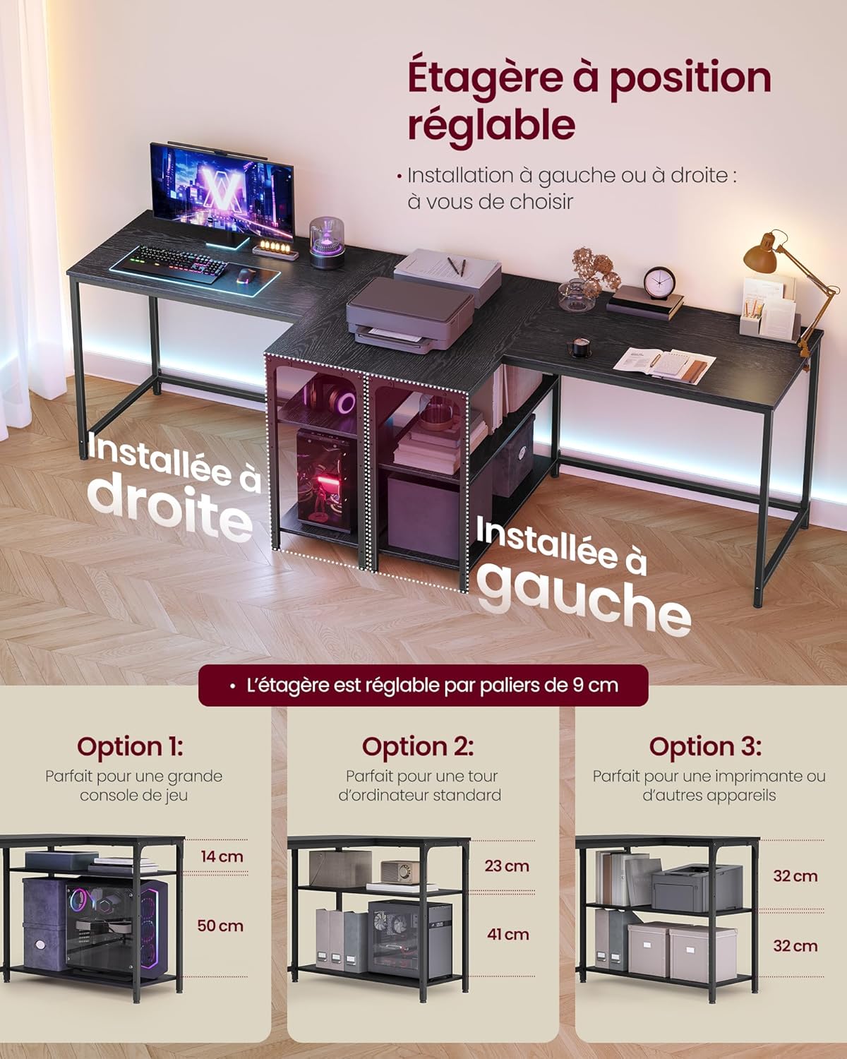 VASAGLE - bureau gaming LWD135BE01 - 110x80cm - étagères réglables, rangement