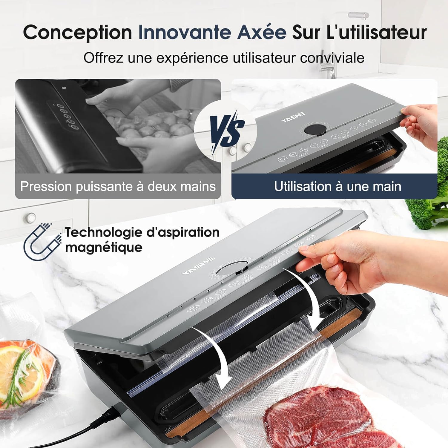YASHE - Machine sous vide 10-en-1, double pompe, rouleau intégré, 80KPA