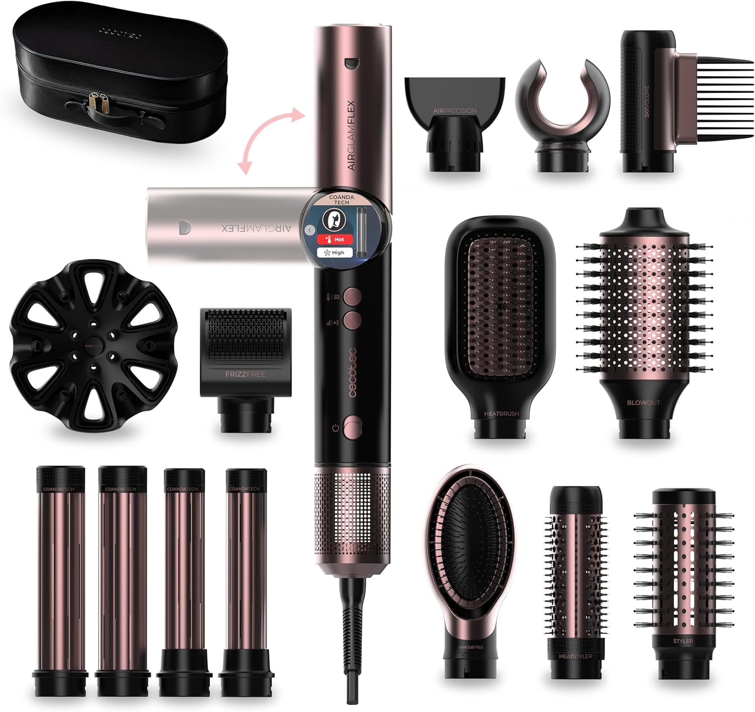 Cecotec - Styler Cheveux AirGlam 14in1, 1400W, 14 têtes, écran, Coanda, moteur brushless