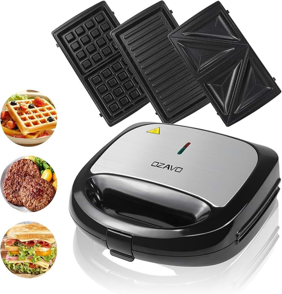Appareil à Croque Monsieur 3 en 1 - 750W, plaques antiadhésives, noir, gaufres/Sandwich/Grill