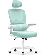 Chaise de bureau ergonomique de couleur vert menthe avec dossier haut, appui-tête et structure blanche. Comprend des accoudoirs réglables et une base roulante avec roulettes blanches.