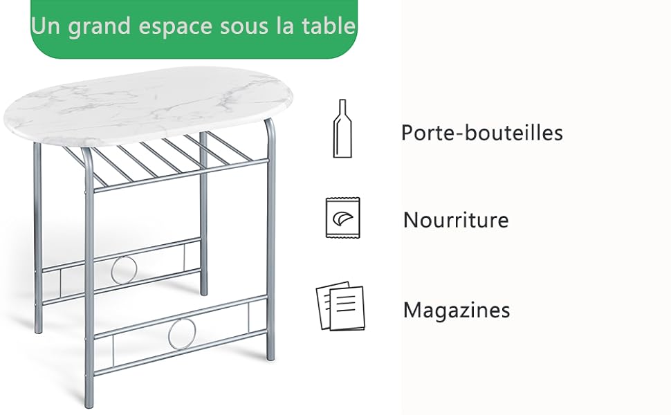 en marbre blanc avec structure en métal et étagère inférieure. Le diagramme montre l'espace de rangement pour les bouteilles, les aliments et les magazines en dessous.